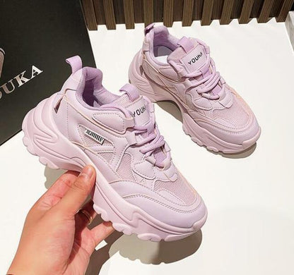 Pair of Stevvex women's pastel pink chunky platform sneakers, lace-up high sole on Tampa Home & Garden Store