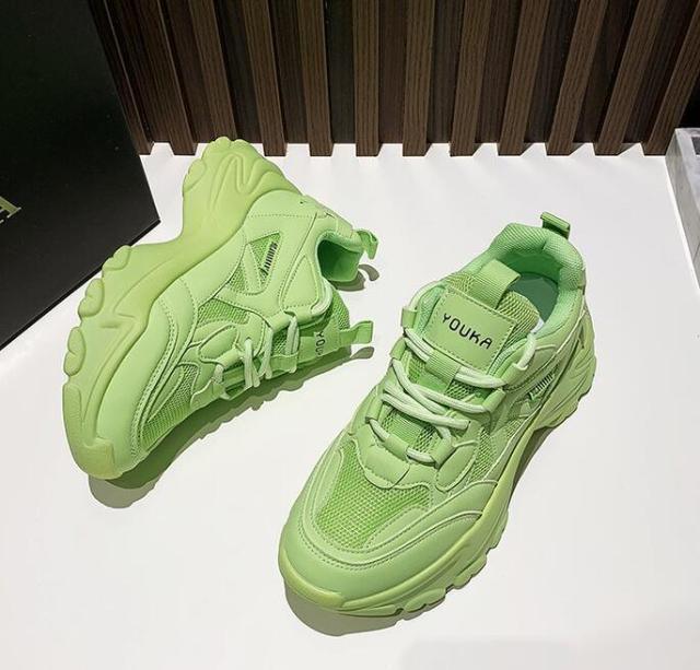 Women Stevvex lime green chunky platform sneakers lace-up pair on Tampa Home & Garden Store