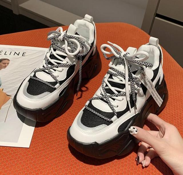 Stevvex women chunky sneakers ST85SH7112BDX white black high-platform lace-up pair on Tampa Home & Garden Store