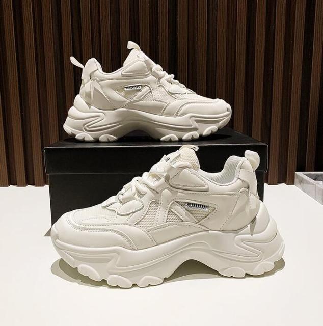 Stevvex women's white chunky platform sneakers, lace-up, high sole, two sneakers displayed on Tampa Home & Garden Store