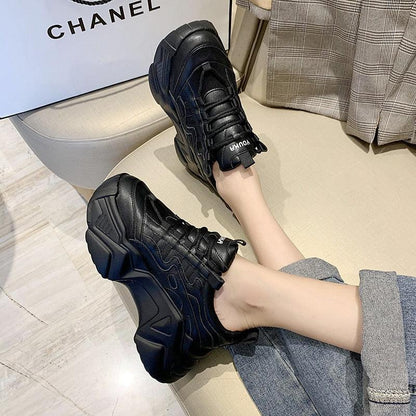 Stevvex women chunky black platform sneakers with lace-up vulcanized sole, pair on Tampa Home & Garden Store