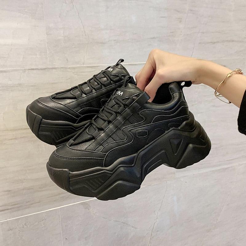 Stevvex women's black chunky platform sneakers, lace-up, pair shown on Tampa Home & Garden Store