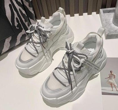 Stevvex women chunky white sneakers with black-white laces, mesh upper, platform sole on Tampa Home & Garden Store