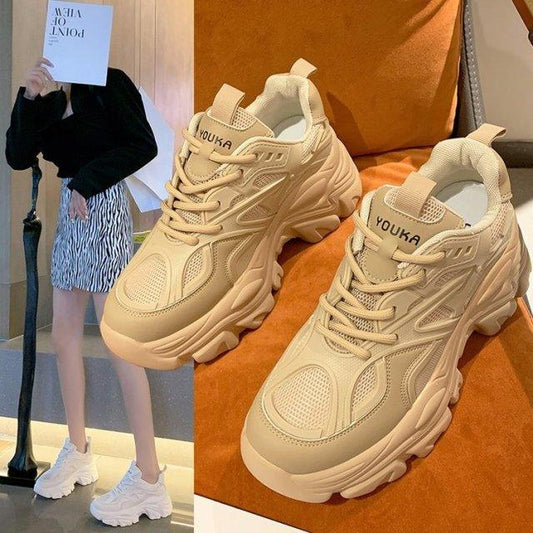 Cream chunky women's sneakers with platform sole, lace-up, YOUKA strap branding on both shoes on Tampa Home & Garden Store