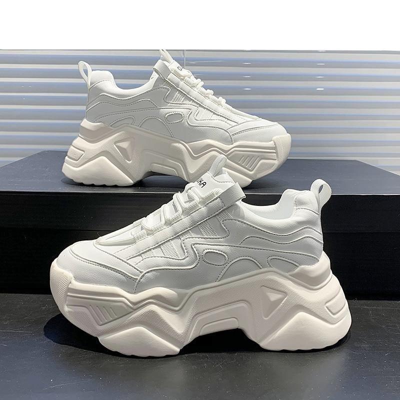 Stevvex women chunky white platform sneakers lace-up thick sole pair on display on Tampa Home & Garden Store