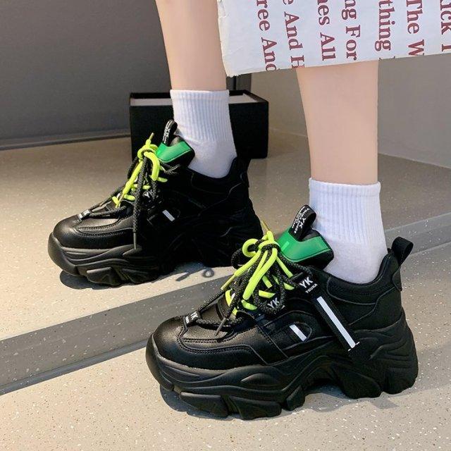 Stevvex women chunky sneakers black upper with neon lime laces, platform design pair on Tampa Home & Garden Store