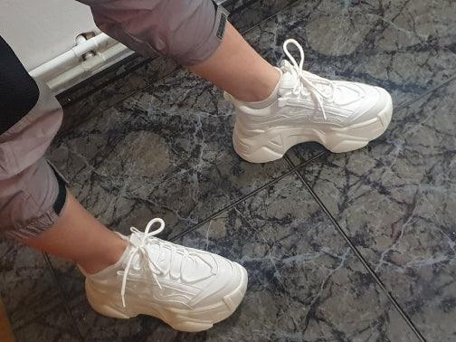 Women Stevvex white chunky platform sneakers, lace-up vulcanized shoes pair on Tampa Home & Garden Store
