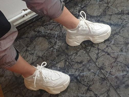 Women Stevvex white chunky platform sneakers, lace-up vulcanized shoes pair on Tampa Home & Garden Store
