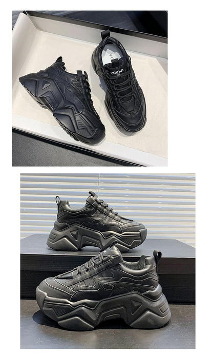 Stevvex black chunky platform sneakers lace-up rugged sole Youka logo on tongue in box on Tampa Home & Garden Store
Stevvex black chunky platform sneakers on display rugged sculpted sole and stitched panels on Tampa Home & Garden Store