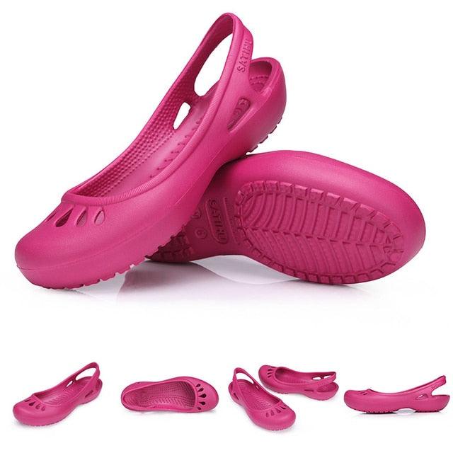 Pink Stevvex women clogs; plastic non-slip garden footwear, slip-on indoor outdoor five views on Tampa Home & Garden Store