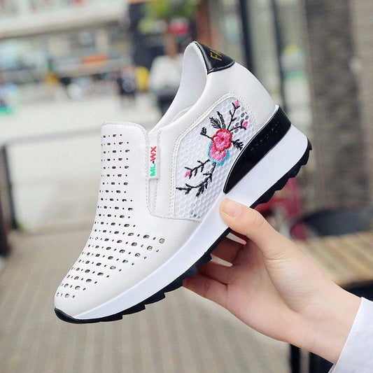 Women Stevvex slip-on sneakers white upper with embroidery side panel black sole on Tampa Home & Garden Store