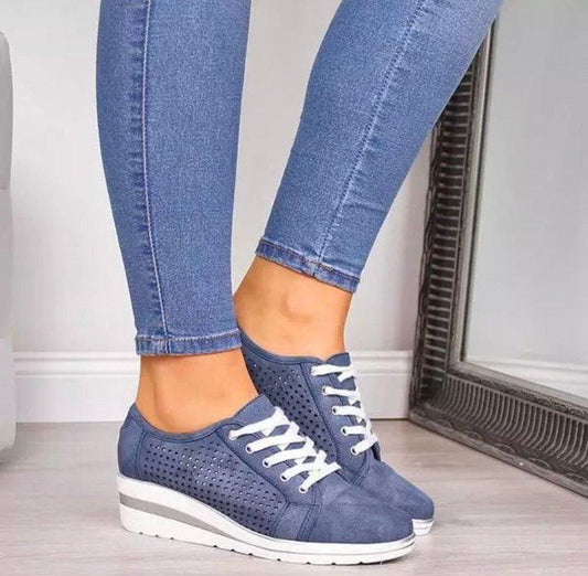 Women breathable platform sneakers blue by Stevvex white laces wedge sole on Tampa Home & Garden Store