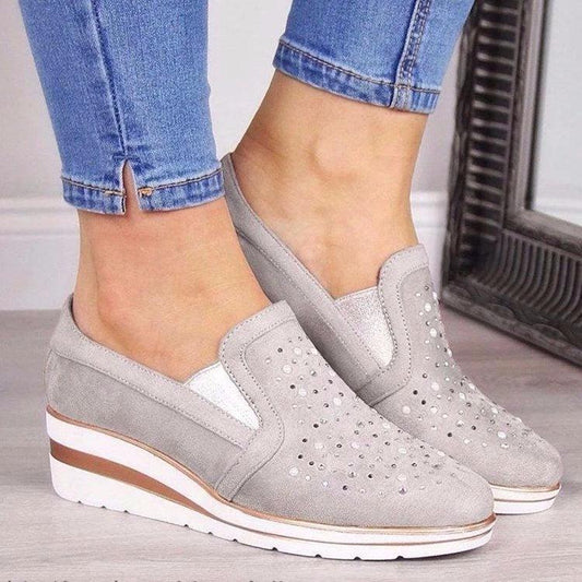 Women gray suede platform loafers pair with studded upper and white-brown wedge sole on Tampa Home & Garden Store