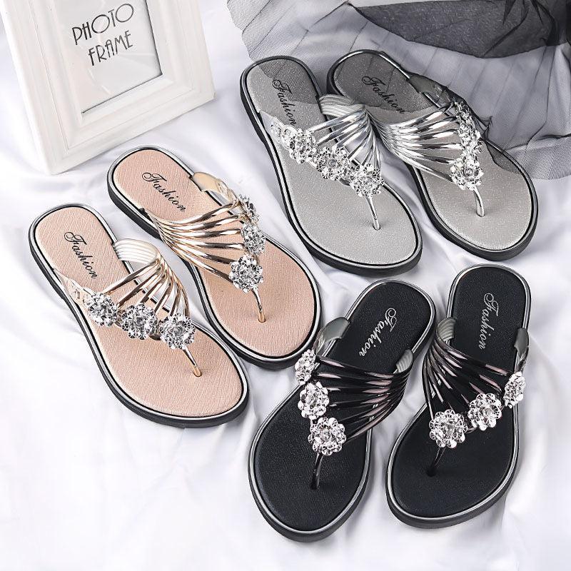 Women's crystal-embellished T-strap sandals in silver, black, and gold with rhinestones; 4 pairs on Tampa Home & Garden Store