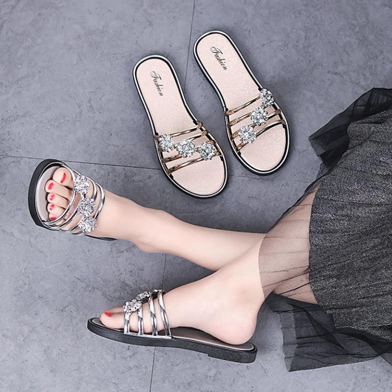 Women Stevvex silver crystal T-strap flat sandals with rhinestone accents and anti-skid sole on Tampa Home & Garden Store