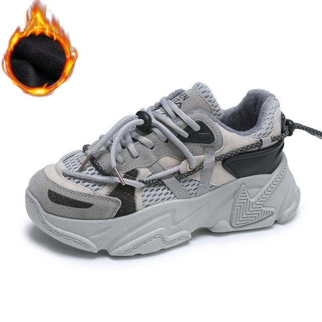 Women's Stevvex gray leather sneakers with mesh panels and a chunky sole on Tampa Home & Garden Store