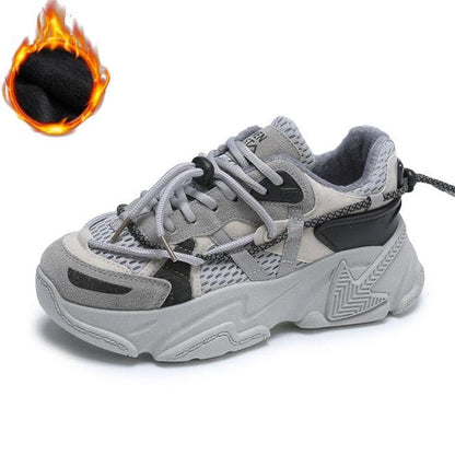 Women's Stevvex gray leather sneakers with mesh panels and a chunky sole on Tampa Home & Garden Store