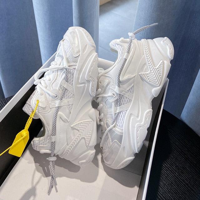 Women fashion sneakers Stevvex white leather mesh chunky walking shoes pair casual lightweight on Tampa Home & Garden Store