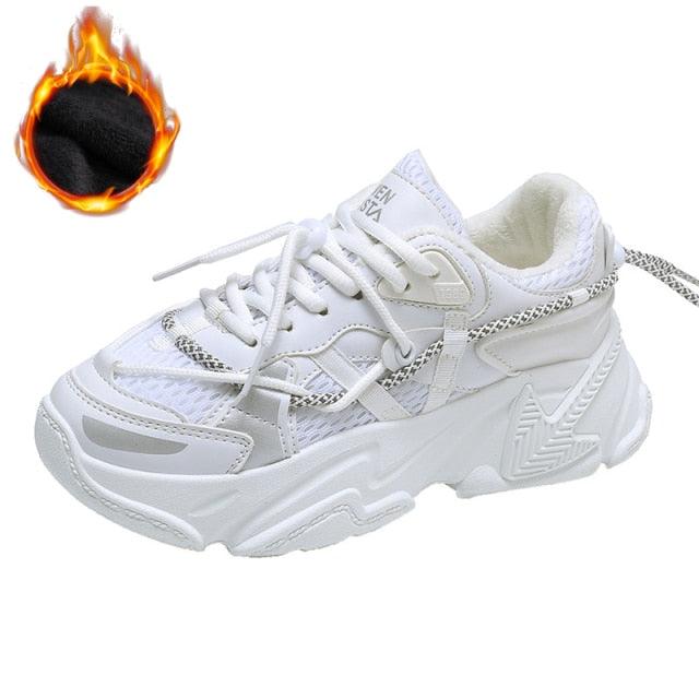 Stevvex women white chunky sneakers mesh upper with layered overlays thick sole on Tampa Home & Garden Store
