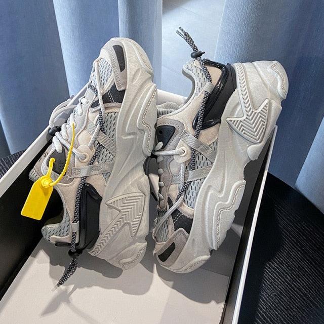 Stevvex women's sneakers pair gray/white with chunky sole and mesh accents on Tampa Home & Garden Store