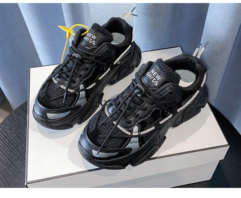 Stevvex women's fashion sneakers black leather sports shoes with chunky sole pair on Tampa Home & Garden Store