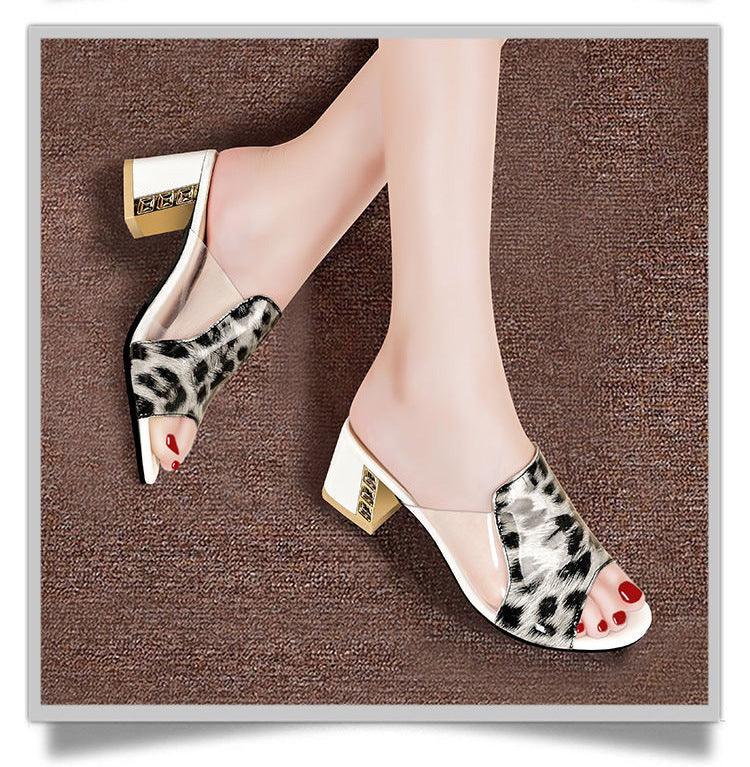 Stevvex women's leopard-print open-toe sandals with clear straps and gold block heel on Tampa Home & Garden Store
