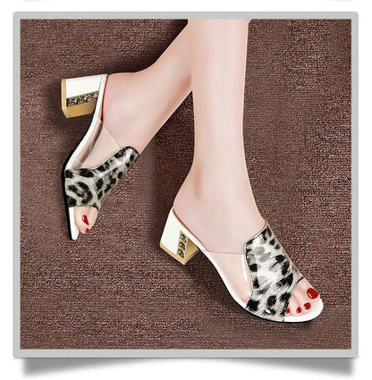 Stevvex women's leopard-print open-toe sandals with clear straps and gold block heel on Tampa Home & Garden Store
