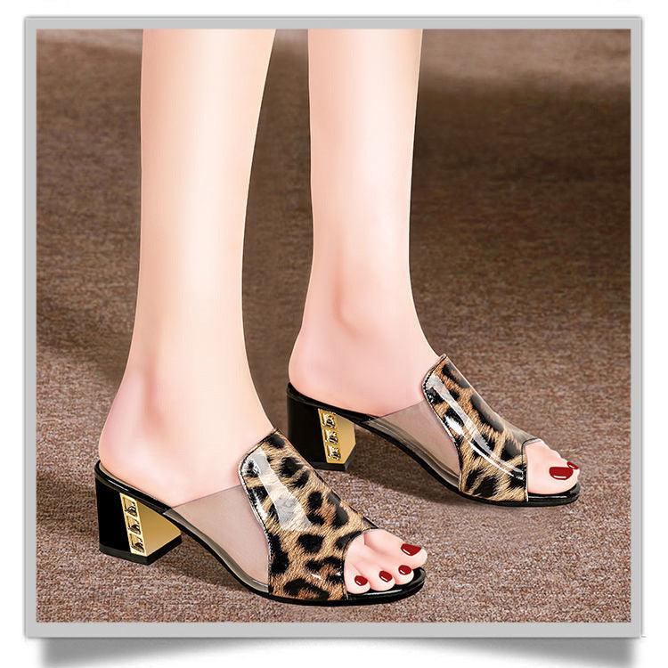 Stevvex leopard print open-toe heeled sandals pair with clear PVC sides and block heel on Tampa Home & Garden Store
