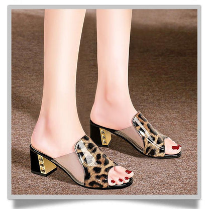Stevvex leopard print open-toe heeled sandals pair with clear PVC sides and block heel on Tampa Home & Garden Store
