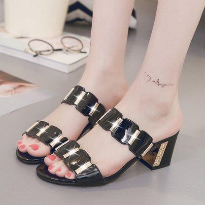 Sandals Stevvex black patent double-strap open-toe with block heel and metallic buckles on Tampa Home & Garden Store