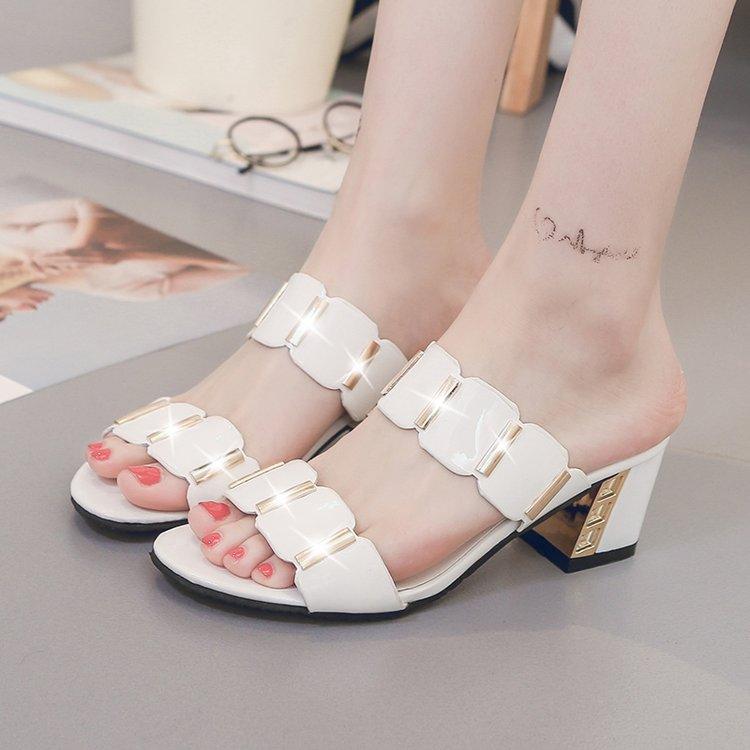 Stevvex white open-toe sandals with double strap and block heel gold accents on Tampa Home & Garden Store