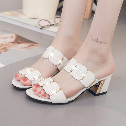 Stevvex white open-toe sandals with double strap and block heel gold accents on Tampa Home & Garden Store
