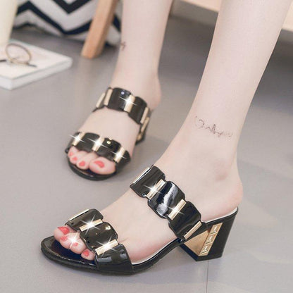 Stevvex black patent open-toe sandals with two straps and ankle wrap, block heel with gold on Tampa Home & Garden Store