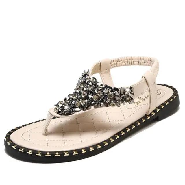 Beige Stevvex sandals with crystal, thong toe, strap, black sole on Tampa Home & Garden Store