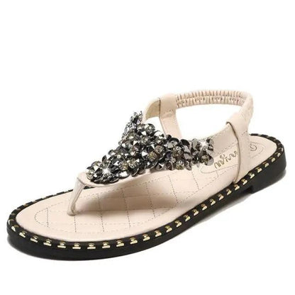 Beige Stevvex sandals with crystal, thong toe, strap, black sole on Tampa Home & Garden Store
