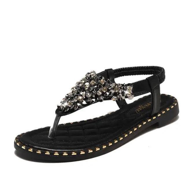 Stevvex black jeweled thong sandal with beaded upper and elastic back strap on Tampa Home & Garden Store