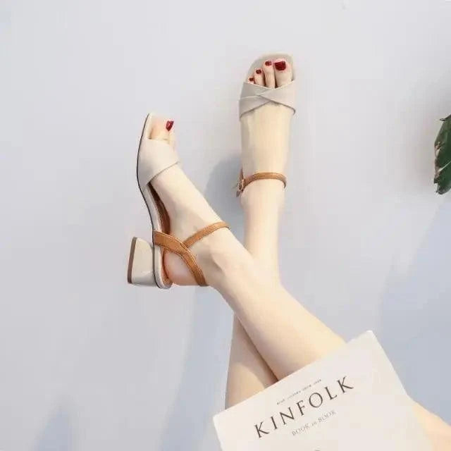 Stevvex women's summer sandals beige crisscross straps brown ankle strap block heel on Tampa Home & Garden Store