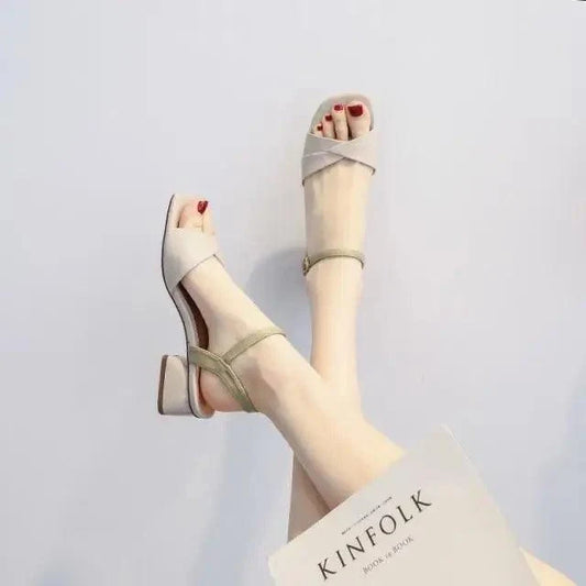 Stevvex beige sandals with crisscross straps, ankle strap, low block heel, non-slip sole on Tampa Home & Garden Store