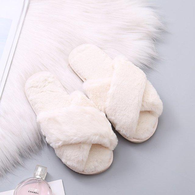 Stevvex women's fluffy cross-band slippers ivory faux fur open-toe indoor house shoes on Tampa Home & Garden Store