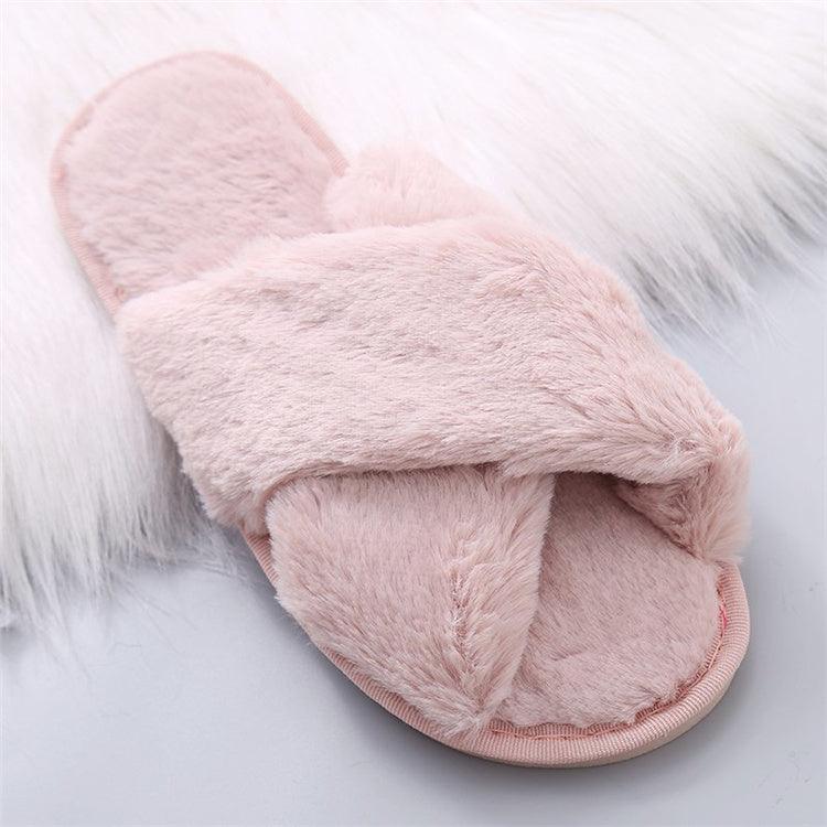Stevvex women pink fluffy cross-band slipper with faux fur open-toe indoor house shoe on Tampa Home & Garden Store