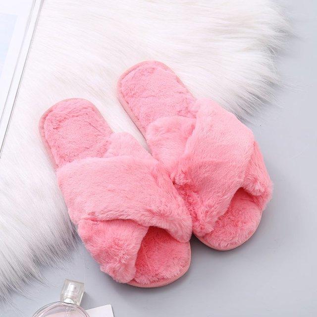 Pink fluffy cross-band slip-on slippers for women with faux fur, soft plush indoor house shoes on Tampa Home & Garden Store