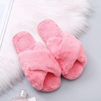 Pink fluffy cross-band slip-on slippers for women with faux fur, soft plush indoor house shoes on Tampa Home & Garden Store