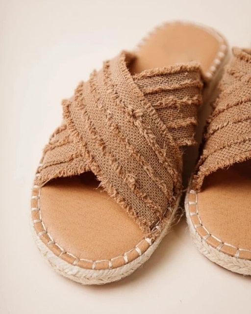 Stevvex women flat sandals knotted straps tan espadrille sole pair on Tampa Home & Garden Store