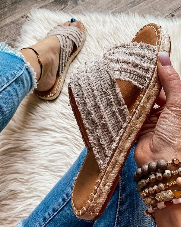Women flat flip flops Stevvex open toe cream knit cross-strap sandals casual slides on Tampa Home & Garden Store