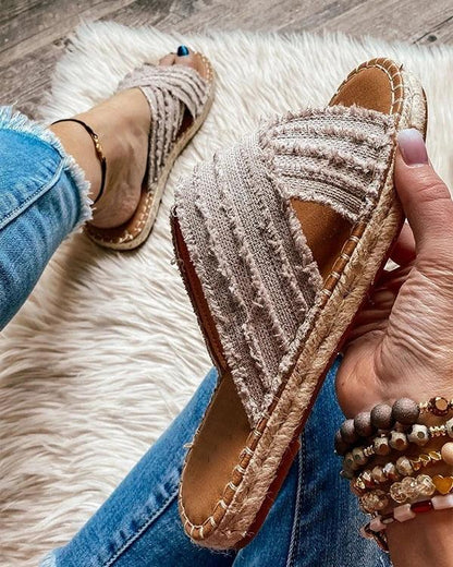 Women flat flip flops Stevvex open toe cream knit cross-strap sandals casual slides on Tampa Home & Garden Store