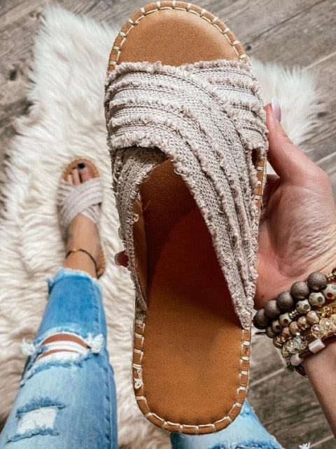 Stevvex women's beige knotted cross-strap flat sandals, open-toe beach slides with tan footbed on Tampa Home & Garden Store.