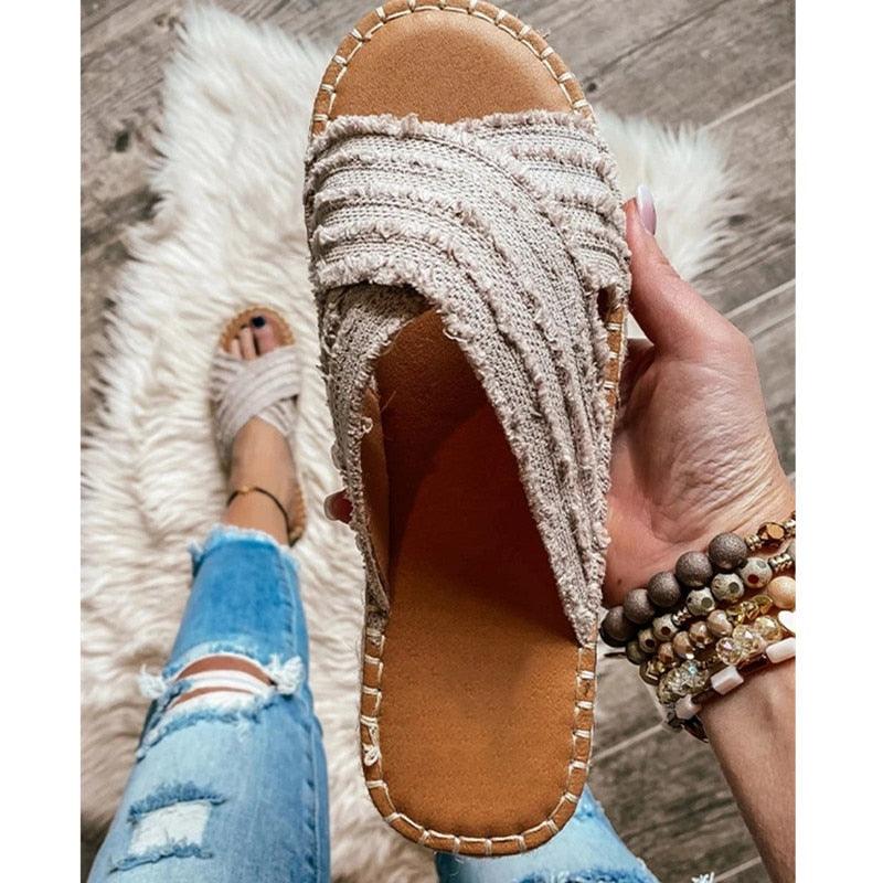 Stevvex women flat flip flops open toe sandals with knotted beige fabric straps, footbed on Tampa Home & Garden Store