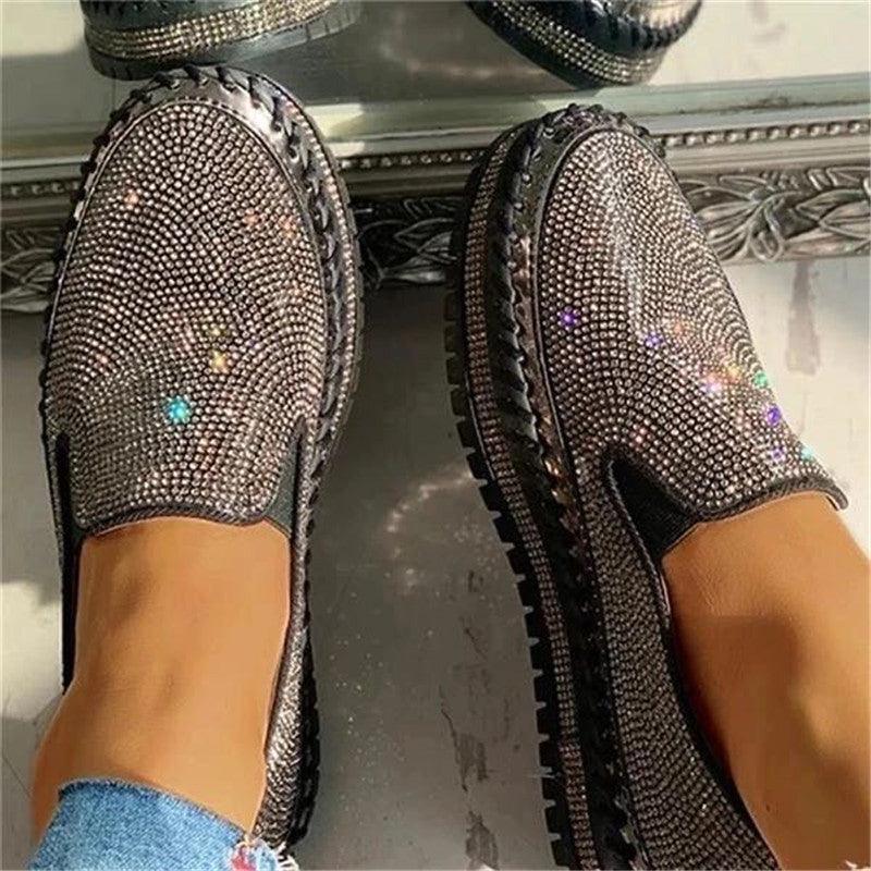 Stevvex women glitter espadrille loafers with rhinestone studs and chunky platform sole on Tampa Home & Garden Store
