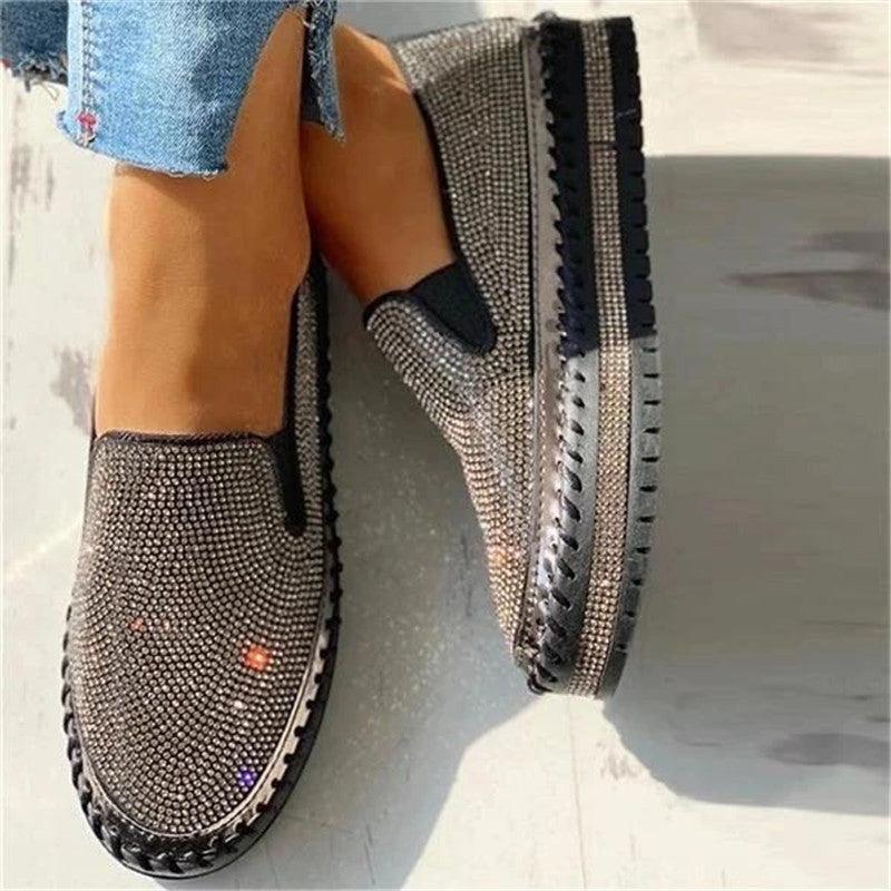 Women glitter espadrille flats Stevvex rhinestone upper memory foam cushioned insole pair on Tampa Home & Garden Store