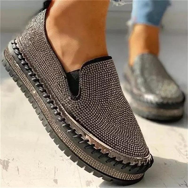 Women flat glitter espadrilles with metallic beaded slip-on upper and chunky platform sole on Tampa Home & Garden Store